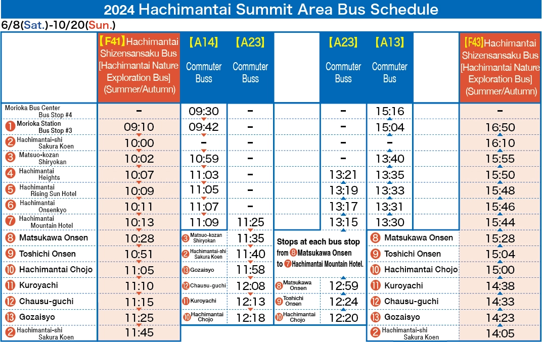 Hachimantai summit bus operation schedule for 2024